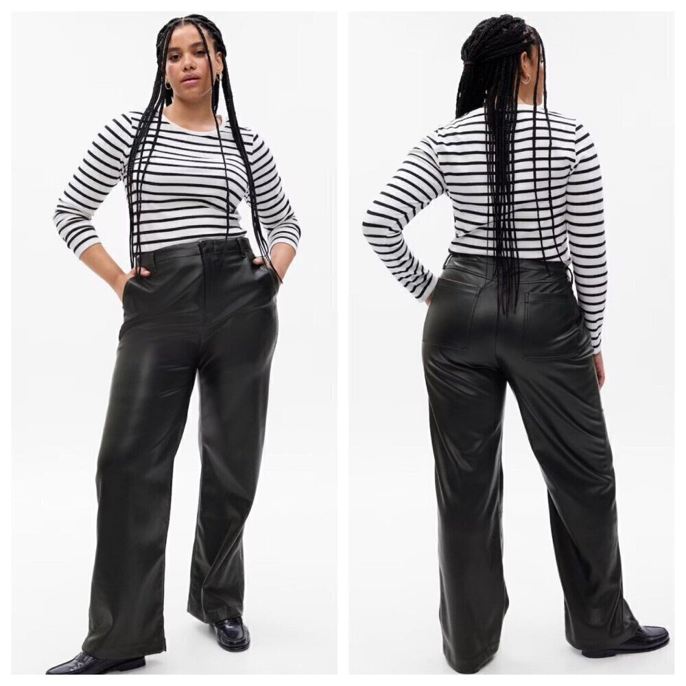 Gap Mid Rise Vegan Leather Loose Pants Women's 16 Tall Black Faux Trousers